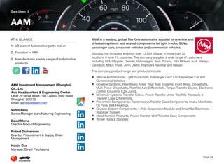 AAM is a leading, global Tier-One automotive supplier of driveline and
drivetrain systems and related components for light trucks, SUVs,
passenger cars, crossover vehicles and commercial vehicles.
Globally, the company employs over 13,500 people, in more than 30
locations in over 13 countries. The company supplies a wide range of customers
including GM, Chrysler, Daimler, Volkswagen, Audi, Scania, Tata Motors, Audi, Harley-
Davidson, Mack Truck, John Deere, Mahindra Navistar and Nissan.
The company product range and products include:
Vehicle Architectures; Light Truck/SUV, Passenger Car/CUV, Passenger Car and
Commercial Vehicles
Driveline Systems; Rear Beam Axles, Rear Axle Systems, Front Axles, Driveshafts,
Multi-Piece Driveshafts, TracRite Axle Differentials, Torque Transfer Device, Electronic
Control Coupling, CZV Joints.
Drivetrain systems; Transfer Cases, Power Transfer Units, TracRite Transaxle &
Transfer Case Differentials.
Powertrain Components; Transmission/Transfer Case Components, Intake Manifolds,
Oil Pans, Bell Housings.
Chassis System Components; I-Ride Suspension Module and SmartBar Electronic
Stabilizer System.
Metal Formed Products; Power Transfer Unit/Transfer Case Components
Wheel Hubs & Spindles
Section 1
AT A GLANCE
1. US owned Automotive parts maker
2. Founded in 1994
3. Manufactures a wide range of automotive
products
AAM
Page 24
AAM Investment Management (Shanghai)
Co., Ltd.
Asia Headquarters & Engineering Center
Level 20 Mirae Asset, 166 Lujiazui Ring Road,
Shanghai, 200120
Email: aamasia@aam.com
Victor Feng
Senior Manager Manufacturing Engineering
David Morse
Director Product Engineering
Robert Dichterman
Director, Procurement & Supply Chain
Management
Haojie Guo
Manager, Direct Purchasing