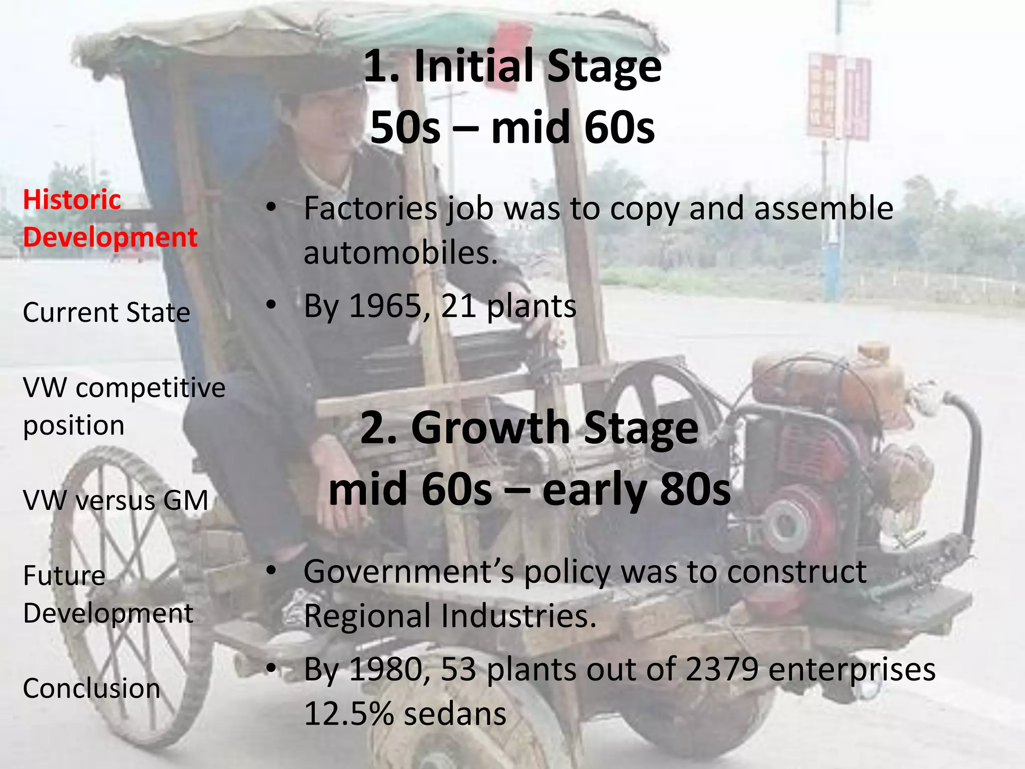1. Initial Stage
                       50s – mid 60s
Historic         • Factories job was to copy and assemble
Development
                   automobiles.
Current State    • By 1965, 21 plants

VW competitive
position              2. Growth Stage
VW versus GM         mid 60s – early 80s
Future           • Government’s policy was to construct
Development        Regional Industries.
Conclusion
                 • By 1980, 53 plants out of 2379 enterprises
                   12.5% sedans
 