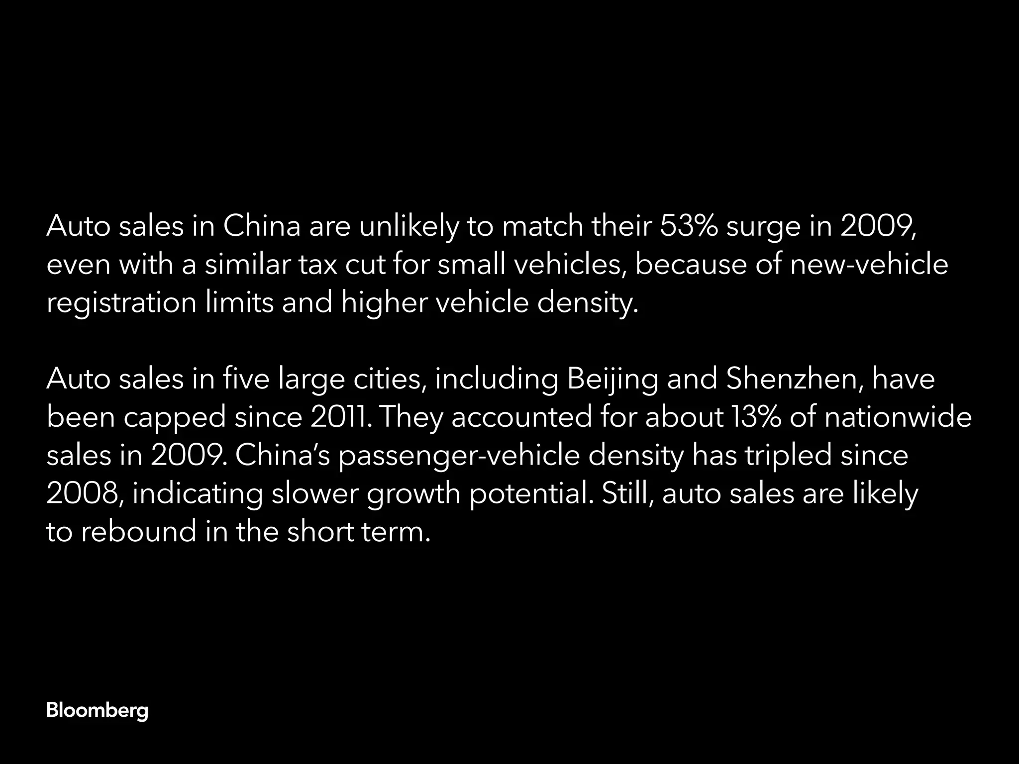 Auto sales in China are unlikely to match their 53% surge in 2009,
even with a similar tax cut for small vehicles, because of new-vehicle
registration limits and higher vehicle density.
Auto sales in five large cities, including Beijing and Shenzhen, have
been capped since 2011. They accounted for about 13% of nationwide
sales in 2009. China’s passenger-vehicle density has tripled since
2008, indicating slower growth potential. Still, auto sales are likely
to rebound in the short term.
 