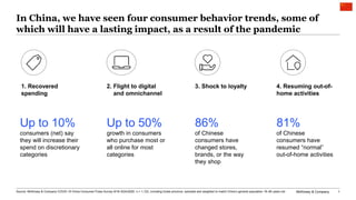 McKinsey & Company 1
In China, we have seen four consumer behavior trends, some of
which will have a lasting impact, as a result of the pandemic
Up to 50%
growth in consumers
who purchase most or
all online for most
categories
2. Flight to digital
and omnichannel
Up to 10%
consumers (net) say
they will increase their
spend on discretionary
categories
1. Recovered
spending
86%
of Chinese
consumers have
changed stores,
brands, or the way
they shop
3. Shock to loyalty
81%
of Chinese
consumers have
resumed “normal”
out-of-home activities
4. Resuming out-of-
home activities
Source: McKinsey & Company COVID-19 China Consumer Pulse Survey 9/16–9/24/2020, n = 1,123, including Hubei province, sampled and weighted to match China’s general population 18–65 years old
 
