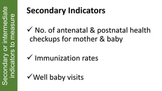 Secondaryorintermediate
indicatorstomeasure Secondary Indicators
 No. of antenatal & postnatal health
checkups for mother & baby
 Immunization rates
Well baby visits
 