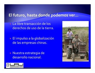 La libre transacción de los  
L  lib           ió  d  l
derechos de uso de la tierra.

El impulso a la globalización 
de las empresas chinas.

Nuestra estrategia de 
desarrollo nacional.
 