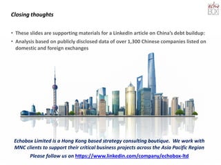 Closing thoughts
• These slides are supporting materials for a LinkedIn article on China’s debt buildup:
https://www.linkedin.com/pulse/chinas-debt-time-bomb-ian-mombru
• Analysis based on publicly disclosed data of over 1,300 Chinese companies listed on
domestic and foreign exchanges
Echobox Limited is a Hong Kong based strategy consulting boutique. We work with
MNC clients to support their critical business projects across the Asia Pacific Region
Please follow us on https://www.linkedin.com/company/echobox-ltd
 