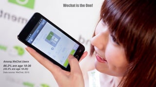 Among WeChat Users
86.2% are age 18-36
(45.4% are age 18-25)
Data source: WeChat, 2015
Wechat is the One!
 