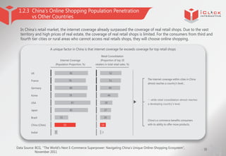 1.2.3 China’Online Shopping Population Penetration
s
vs Other Countries
In China’retail market, the internet coverage alre...