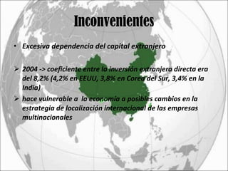 Inconvenientes Excesiva dependencia del capital extranjero 2004 -> coeficiente entre la inversión extranjera directa era del 8,2% (4,2% en EEUU, 3,8% en Corea del Sur, 3,4% en la India) hace vulnerable a  la economía a posibles cambios en la estrategia de localización internacional de las empresas multinacionales 