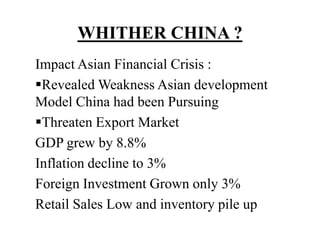 WHITHER CHINA ?
Impact Asian Financial Crisis :
Revealed Weakness Asian development
Model China had been Pursuing
Threaten Export Market
GDP grew by 8.8%
Inflation decline to 3%
Foreign Investment Grown only 3%
Retail Sales Low and inventory pile up
 