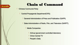 37
Chain of CommandChain of Command
 Chinese Communist PartyChinese Communist Party
 Central Propaganda Department(CPD)Central Propaganda Department(CPD)
 General Administration of Press and Publication (GAPP)General Administration of Press and Publication (GAPP)
 State Administration of Radio, Film, and Television (SARFT)State Administration of Radio, Film, and Television (SARFT)
 Media Companies:Media Companies:
 Xinhua (government controlled television)Xinhua (government controlled television)
 China Central TVChina Central TV
 People’s DailyPeople’s Daily
RegulationRegulation
 