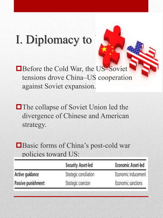 I. Diplomacy to U.S.
Before the Cold War, the US–Soviet
tensions drove China–US cooperation
against Soviet expansion.
The collapse of Soviet Union led the
divergence of Chinese and American
strategy.
Basic forms of China’s post-cold war
policies toward US:
 