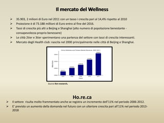 Il mercato del Wellness
 35.903, 2 milioni di Euro nel 2011 con un tasso i crescita pari al 14,4% rispetto al 2010
 Proi...