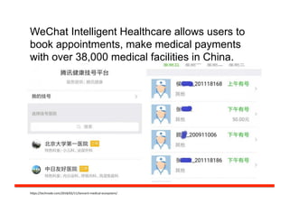 WeChat Intelligent Healthcare allows users to
book appointments, make medical payments
with over 38,000 medical facilities in China.
h#ps://technode.com/2018/02/11/tencent-­‐medical-­‐ecosystem/	
  
 