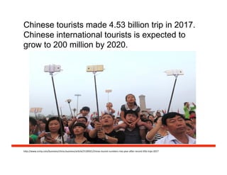 Chinese tourists made 4.53 billion trip in 2017.
Chinese international tourists is expected to
grow to 200 million by 2020.
h#p://www.scmp.com/business/china-­‐business/arFcle/2130421/chinas-­‐tourist-­‐numbers-­‐rise-­‐year-­‐acer-­‐record-­‐45b-­‐trips-­‐2017	
  
 