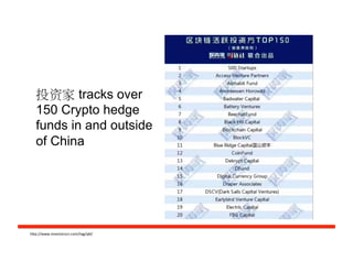 投资家 tracks over
150 Crypto hedge
funds in and outside
of China
h#p://www.investorscn.com/tag/qkl/	
  
 