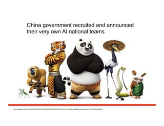 h#p://www.scmp.com/tech/china-­‐tech/arFcle/2120913/china-­‐recruits-­‐baidu-­‐alibaba-­‐and-­‐tencent-­‐ai-­‐naFonal-­‐team	
  
China government recruited and announced
their very own AI national teams
 