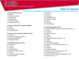 4.3 Marine Gear 4.3.1 Profile 4.3.2 Status Quo 4.3.3 Competition Pattern 4.4 Wind Power Gearbox 4.4.1 Profile 4.4.2 Overview  4.4.3 Key Enterprises 5. Key Gear Enterprises in China 5.1 China High Speed Transmission Equipment Group Co., Ltd. 5.1.1 Profile 5.1.2 Operation 5.2 Shaanxi Fast Group 5.2.1 Profile 5.2.2 Operation 5.3 Zhejiang Shuanghuan Driveline Co., Ltd. 5.3.1 Profile 5.3.2 Operation 5.3.3 Competitive Advantages 5.4 Ningbo Donly Transmission Equipment Co., Ltd. 5.4.1 Profile 5.4.2 Operation 5.4.3 Corporate Strategy 5.5 Hangzhou Advance Gearbox Group Co., Ltd. 5.6 Chongqing Gearbox Co., Ltd. 5.7 Shaanxi Qinchuan Machinery Development Co., Ltd. 5.8 Jiangsu Airship Co., Ltd. 1 . Overview of Gear Industry 1.1 Definition 1.2 Product Classification 1.3 Industry Policy 1.4 Industrial Chain 1.4.1 Upstream Sectors 1.4.2 Downstream Sectors 2. Overview of Global Gear Industry and Market 2.1 Profile 2.2 Competition 2.3 Corporate Strategy 3. Overview of Gear Industry and Market in China 3.1 Status Quo 3.2 Product and Regional Distribution 3.3 Industrial Characteristics 3.4 Competition Pattern 4. Gear Market Segments in China 4.1 Vehicle Gear 4.1.1 Profile 4.1.2 Demand  4.1.3 Key Enterprises 4.2 Construction Machinery Gear 4.2.1 Profile 4.2.2 Overview of Upstream Sectors 4.2.3 Key Enterprises Table of contents 