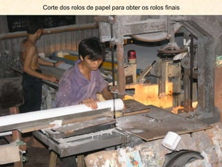 Corte dos rolos de papel para obter os rolos finais 