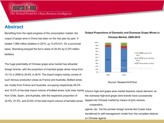 Output Proportions of Domestic and Overseas Grape Wines in Chinese Market, 2009-2010  Source: ResearchInChina China’s high-end grape wine market features robust demand, so the overseas high-end grape wine brands have successively tapped into Chinese market by means of joint venture, cooperation, agents, etc. Yet the pioneer foreign brands like Custer have transferred to self-management model from the complete reliance on Chinese agents.   Abstract Benefiting from the rapid progress of the consumption market, the output of grape wine in China has been on the rise year by year. It totaled 1.089 million kiloliters in 2010, up 13.4%YoY. On a provincial basis, Shandong enjoyed the lion’s share of 34.4% by 0.375 million kiloliters.  The huge potentiality of Chinese grape wine market has attracted foreign brands, with the proportion of imported grape wines rising from 15.1% in 2009 to 20.6% in 2010. The import origins mainly consist of such famous production areas as France and Australia. Bottled wines are mostly from France and Australia, occupying respectively 46.3% and 16.2% of the total import volume of bottled wines; bulk ones mainly from Chile, Spain, and Australia, with the respective proportion of 32.9%, 27.5%, and 23.8% of the total import volume of barreled wines.        
