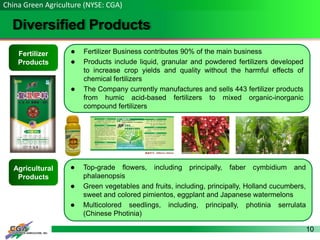 10
Diversified Products
China Green Agriculture (NYSE: CGA)
Fertilizer
Products
 Fertilizer Business contributes 90% of the main business
 Products include liquid, granular and powdered fertilizers developed
to increase crop yields and quality without the harmful effects of
chemical fertilizers
 The Company currently manufactures and sells 443 fertilizer products
from humic acid-based fertilizers to mixed organic-inorganic
compound fertilizers
Agricultural
Products
 Top-grade flowers, including principally, faber cymbidium and
phalaenopsis
 Green vegetables and fruits, including, principally, Holland cucumbers,
sweet and colored pimientos, eggplant and Japanese watermelons
 Multicolored seedlings, including, principally, photinia serrulata
(Chinese Photinia)
 