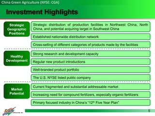 5
Investment Highlights
China Green Agriculture (NYSE: CGA)
Strategic
Geographic
Positions
Established nationwide distribution network
Strategic distribution of production facilities in Northwest China, North
China, and potential acquiring target in Southwest China
Cross-selling of different categories of products made by the facilities
Healthy
Development
Strong research and development capacity
Regular new product introductions
Well-branded product portfolio
Market
Potential
Current fragmented and substantial addressable market
Increasing need for compound fertilizers, especially organic fertilizers
Primary focused industry in China’s “12th Five Year Plan”
The U.S. NYSE listed public company
 