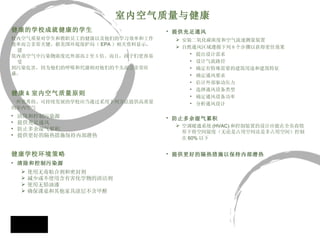 室内空气质量与健康 健康的学校成就健康的学生 校内空气质量对学生和教职员工的健康以及他们的学习效率和工作 效率而言非常关键。据美国环境保护局（ EPA ）相关资料显示，建 筑内部空气中污染物浓度比外部高 2 至 5 倍 。而且，孩子们更容易受 到污染危害，因为他们的呼吸和代谢相对他们的个头而言非常旺 盛。 健康 & 室内空气质量原则 一所优秀的、可持续发展的学校应当通过采用下列方法提供高质量 的室内空气 清除和控制污染源 提供充足通风 防止多余湿气累积 提供更好的隔热措施保持内部潜热 健康学校环境策略 清除和控制污染源 使用无毒粘合剂和密封剂 减少或不使用含有害化学物的清洁剂 使用无铅油漆 确保课桌和其他家具涂层不含甲醛 提供充足通风 安装二氧化碳浓度和空气流速测量装置 自然通风区域遵循下列 8 个步骤以获得更佳效果 提出设计需求 设计气流路径 确定有特殊需要的建筑用途和建筑特征 确定通风要求 估计外部驱动压力 选择通风设备类型 确定通风设备功率 分析通风设计 防止多余湿气累积 空调暖通系统 (HVAC) 和控制装置的设计应能在全负荷情形下将空间湿度（无论是占用空间还是非占用空间）控制在 60% 以下   提供更好的隔热措施以保持内部潜热 