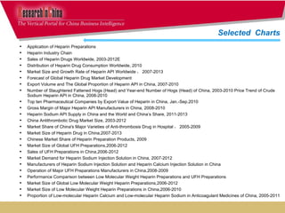 Application of Heparin Preparations Heparin Industry Chain Sales of Heparin Drugs Worldwide, 2003-2012E  Distribution of Heparin Drug Consumption Worldwide, 2010 Market Size and Growth Rate of Heparin API Worldwide ， 2007-2013 Forecast of Global Heparin Drug Market Development  Export Volume and The Global Proportion of Heparin API in China, 2007-2010 Number of Slaughtered Fattened Hogs (Head) and Year-end Number of Hogs (Head) of China, 2003-2010 Price Trend of Crude Sodium Heparin API in China, 2008-2010 Top ten Pharmaceutical Companies by Export Value of Heparin in China, Jan.-Sep.2010 Gross Margin of Major Heparin API Manufacturers in China, 2008-2010 Heparin Sodium API Supply in China and the World and China’s Share, 2011-2013 China Antithrombotic Drug Market Size, 2003-2012 Market Share of China's Major Varieties of Anti-thrombosis Drug in Hospital ， 2005-2009 Market Size of Heparin Drug in China,2007-2013 Chinese Market Share of Heparin Preparation Products, 2009 Market Size of Global UFH Preparations,2006-2012 Sales of UFH Preparations in China,2006-2012 Market Demand for Heparin Sodium Injection Solution in China, 2007-2012 Manufacturers of Heparin Sodium Injection Solution and Heparin Calcium Injection Solution in China Operation of Major UFH Preparations Manufacturers in China,2008-2009 Performance Comparison between Low Molecular Weight Heparin Preparations and UFH Preparations Market Size of Global Low Molecular Weight Heparin Preparations,2006-2012 Market Size of Low Molecular Weight Heparin Preparations in China,2006-2010 Proportion of Low-molecular Heparin Calcium and Low-molecular Heparin Sodium in Anticoagulant Medicines of China, 2005-2011 Manufacturers of Low-molecular Heparin Sodium Preparations and Low-molecular Heparin Calcium Preparations Selected  Charts  