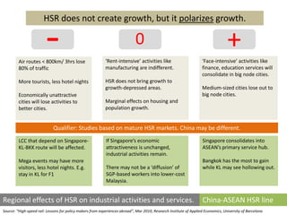 -
                       HSR does not create growth, but it polarizes growth.

                                                                             0                                                     +
         Air routes < 800km/ 3hrs lose                      ‘Rent-intensive’ activities like                        ‘Face-intensive’ activities like
         80% of traffic                                     manufacturing are indifferent.                          finance, education services will
                                                                                                                    consolidate in big node cities.
         More tourists, less hotel nights                   HSR does not bring growth to
                                                            growth-depressed areas.                                 Medium-sized cities lose out to
         Economically unattractive                                                                                  big node cities.
         cities will lose activities to                     Marginal effects on housing and
         better cities.                                     population growth.


                             Qualifier: Studies based on mature HSR markets. China may be different.
         LCC that depend on Singapore-                      If Singapore’s economic                                 Singapore consolidates into
         KL-BKK route will be affected.                     attractiveness is unchanged,                            ASEAN’s primary service hub.
                                                            industrial activities remain.
         Mega events may have more                                                                                  Bangkok has the most to gain
         visitors, less hotel nights. E.g.                  There may not be a ‘diffusion’ of                       while KL may see hollowing out.
         stay in KL for F1                                  SGP-based workers into lower-cost
                                                            Malaysia.


Regional effects of HSR on industrial activities and services.                                                      China-ASEAN HSR line
Source: “High-speed rail: Lessons for policy makers from experiences abroad”, Mar 2010, Research Institute of Applied Economics, University of Barcelona
 