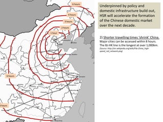 6 hours
                                               Underpinned by policy and
                                               domestic infrastructure build out,
                               4 hours
                                               HSR will accelerate the formation
                           3 hours             of the Chinese domestic market
                         2 hours
                                               over the next decade.
                1 hour
                                               2) Shorter travelling times ‘shrink’ China.
                                               Major cities can be accessed within 8 hours.
                                               The BJ-HK line is the longest at over 1,000km.
                                               (Source: http://en.wikipedia.org/wiki/File:China_high-
                                               speed_rail_network.png)




      6 hours




8 hours
 