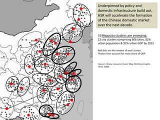 Underpinned by policy and
domestic infrastructure build out,
HSR will accelerate the formation
of the Chinese domestic market
over the next decade.

3) Megacity clusters are emerging.
22 city clusters comprising 606 cities, 82%
urban population & 92% urban GDP by 2015.

Red dots are the centers of each cluster.
Thicker lines account for more share of GDP.


(Source: Chinese consumer Cluster Map, McKinsey Insights
China, 2009)
 