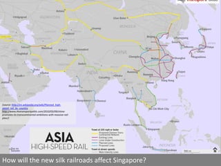 (source: http://en.wikipedia.org/wiki/Planned_high-
speed_rail_by_country
http://www.thetransportpolitic.com/2010/03/09/china-
promotes-its-transcontinental-ambitions-with-massive-rail-
plan/)




How will the new silk railroads affect Singapore?
 