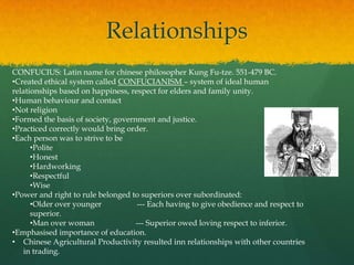 Relationships
CONFUCIUS: Latin name for chinese philosopher Kung Fu-tze. 551-479 BC.
•Created ethical system called CONFUCIANISM – system of ideal human
relationships based on happiness, respect for elders and family unity.
•Human behaviour and contact
•Not religion
•Formed the basis of society, government and justice.
•Practiced correctly would bring order.
•Each person was to strive to be
      •Polite
      •Honest
      •Hardworking
      •Respectful
      •Wise
•Power and right to rule belonged to superiors over subordinated:
      •Older over younger           --- Each having to give obedience and respect to
      superior.
      •Man over woman               --- Superior owed loving respect to inferior.
•Emphasised importance of education.
• Chinese Agricultural Productivity resulted inn relationships with other countries
   in trading.
 