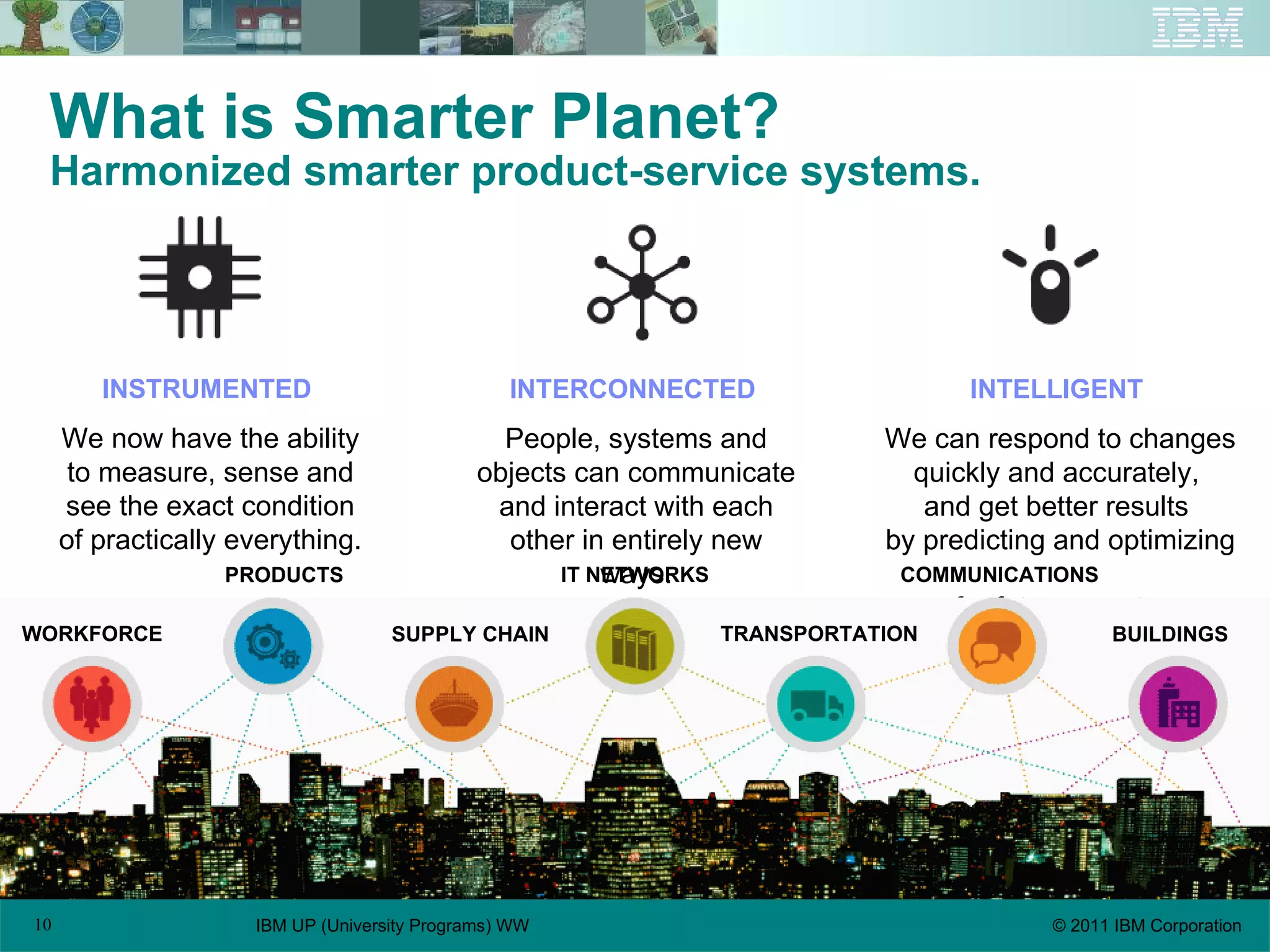 What is Smarter Planet?   Harmonized smarter product-service systems. INSTRUMENTED   We now have the ability to measure, sense and see the exact condition of practically everything. INTERCONNECTED   People, systems and objects can communicate and interact with each other in entirely new ways. INTELLIGENT   We can respond to changes quickly and accurately,  and get better results  by predicting and optimizing  for future events. IT NETWORKS WORKFORCE PRODUCTS SUPPLY CHAIN COMMUNICATIONS TRANSPORTATION BUILDINGS 