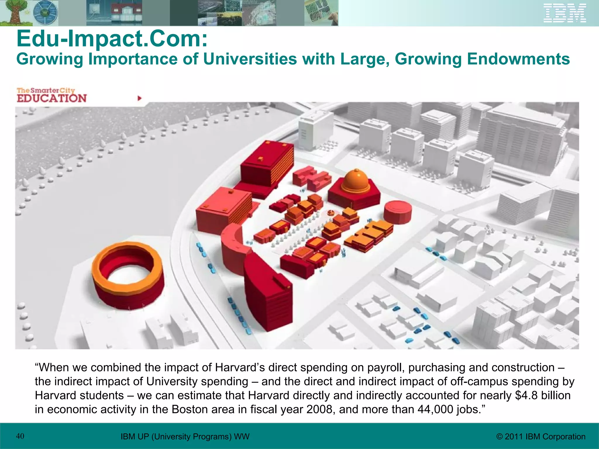 Edu-Impact.Com:  Growing Importance of Universities with Large, Growing Endowments “ When we combined the impact of Harvard’s direct spending on payroll, purchasing and construction – the indirect impact of University spending – and the direct and indirect impact of off-campus spending by Harvard students – we can estimate that Harvard directly and indirectly accounted for nearly $4.8 billion in economic activity in the Boston area in fiscal year 2008, and more than 44,000 jobs.” 