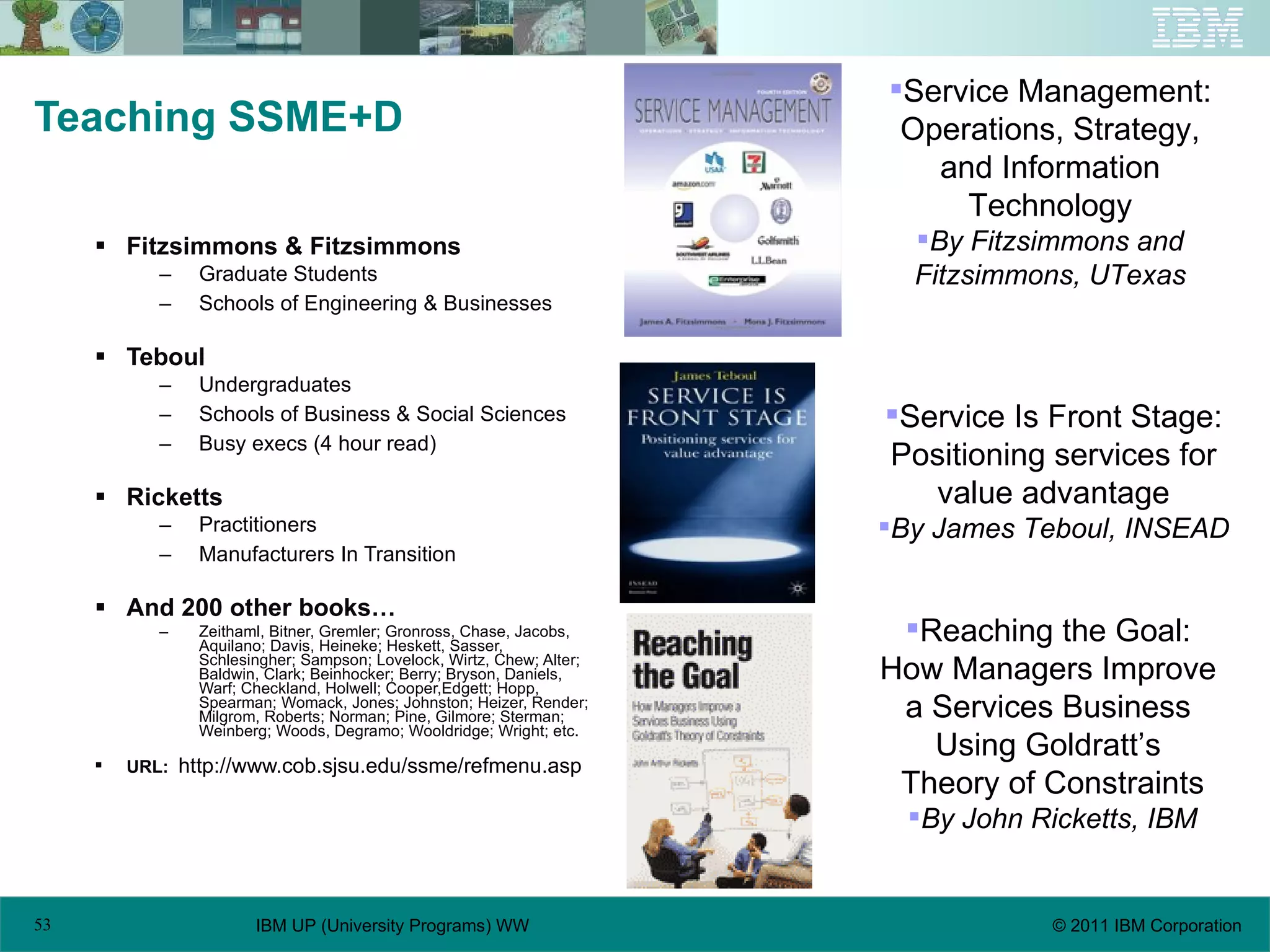 Teaching SSME+D Fitzsimmons & Fitzsimmons Graduate Students Schools of Engineering & Businesses Teboul Undergraduates Schools of Business & Social Sciences Busy execs (4 hour read) Ricketts Practitioners Manufacturers In Transition And 200 other books… Zeithaml, Bitner, Gremler; Gronross, Chase, Jacobs, Aquilano; Davis, Heineke; Heskett, Sasser, Schlesingher; Sampson; Lovelock, Wirtz, Chew; Alter; Baldwin, Clark; Beinhocker; Berry; Bryson, Daniels, Warf; Checkland, Holwell; Cooper,Edgett; Hopp, Spearman; Womack, Jones; Johnston; Heizer, Render; Milgrom, Roberts; Norman; Pine, Gilmore; Sterman; Weinberg; Woods, Degramo; Wooldridge; Wright; etc. URL:  http://www.cob.sjsu.edu/ssme/refmenu.asp Reaching the Goal:  How Managers Improve  a Services Business  Using Goldratt’s  Theory of Constraints By John Ricketts, IBM Service Management: Operations, Strategy, and Information Technology By Fitzsimmons and Fitzsimmons, UTexas Service Is Front Stage: Positioning services for value advantage By James Teboul, INSEAD 