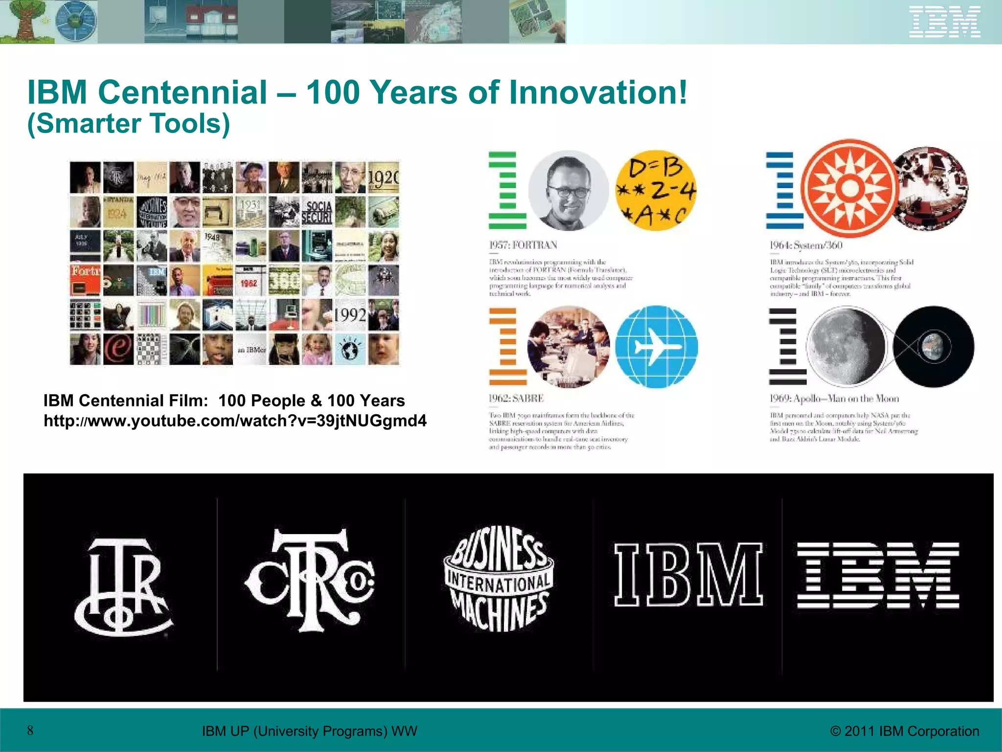 IBM Centennial – 100 Years of Innovation! (Smarter Tools) IBM Centennial Film:  100 People & 100 Years http: // www.youtube.com/watch?v=39jtNUGgmd4 