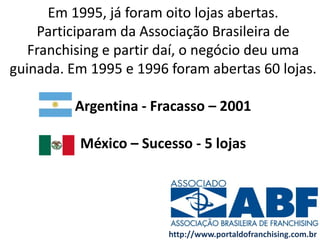 Em 1995, já foram oito lojas abertas.
Participaram da Associação Brasileira de
Franchising e partir daí, o negócio deu uma
guinada. Em 1995 e 1996 foram abertas 60 lojas.
Argentina - Fracasso – 2001
México – Sucesso - 5 lojas
http://www.portaldofranchising.com.br
 