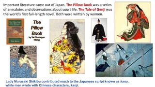 Important literature came out of Japan. The Pillow Book was a series 
of anecdotes and observations about court life. The Tale of Genji was 
the world’s first full-length novel. Both were written by women. 
Lady Murasaki Shikibu contributed much to the Japanese script known as kana, 
while men wrote with Chinese characters, kanji. 
 