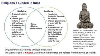 Saṃsāra is a Sanskrit word, the 
literal meaning of which is "a 
wandering through" –the 
passage through many states 
of existence involved in the 
endless cycle of death and 
rebirth. Also, it means getting 
too caught up in the world’s 
“paper chase.” 
Enlightenment is achieved through meditation. 
The ultimate goal is nirvana, union with the universe and release from the cycle of rebirth. 
 