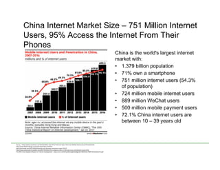 China Internet Market Size – 751 Million Internet
Users, 95% Access the Internet From Their
Phones
China is the world's largest internet
market with:
•  1.379 billion population
•  71% own a smartphone
•  751 million internet users (54.3%
of population)
•  724 million mobile internet users
•  889 million WeChat users
•  500 million mobile payment users
•  72.1% China internet users are
between 10 – 39 years old
Source	
  	
  -­‐	
  h)ps://www.emarketer.com/Ar<cle/More-­‐than-­‐95-­‐of-­‐Internet-­‐Users-­‐China-­‐Use-­‐Mobile-­‐Devices-­‐Go-­‐Online/1015155	
  
h)p://expandedramblings.com/index.php/alipay-­‐sta<s<cs	
  	
  
h)p://technode.com/2017/04/24/wechat-­‐user-­‐business-­‐ecosystem-­‐report-­‐2017/	
  
h)p://www.pewresearch.org/fact-­‐tank/2017/03/16/china-­‐outpaces-­‐india-­‐in-­‐internet-­‐access-­‐smartphone-­‐ownership/	
  
The	
  40th	
  China	
  Sta<s<cal	
  Report	
  on	
  Internet	
  Development	
  -­‐	
  www.cnnic.cn/hlwfzyj/hlwxzbg/hlwtjbg/201708/P020170807351923262153.pdf	
  
	
  
	
  
	
  
 