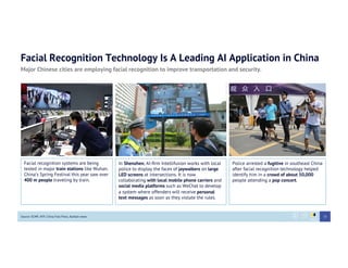 Facial Recognition Technology Is A Leading AI Application in China
Major Chinese cities are employing facial recognition to improve transportation and security.
Facial recognition systems are being
tested in major train stations like Wuhan.
China’s Spring Festival this year saw over
400 m people traveling by train.
Source: SCMP, AFP, China Foto Press, Kankan news
In Shenzhen, AI-ﬁrm Intellifusion works with local
police to display the faces of jaywalkers on large
LED screens at intersections. It is now
collaborating with local mobile phone carriers and
social media platforms such as WeChat to develop
a system where offenders will receive personal
text messages as soon as they violate the rules.
Police arrested a fugitive in southeast China
after facial recognition technology helped
identify him in a crowd of about 50,000
people attending a pop concert.
25
 