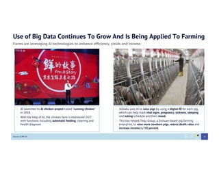 Use of Big Data Continues To Grow And Is Being Applied To Farming
Farms are leveraging AI technologies to enhance efﬁciency, yields and income.
•  JD launched its AI chicken project called “running chicken”
in 2018.
•  With the help of AI, the chicken farm is monitored 24/7
with functions including automatic feeding, cleaning and
health diagnose.
Source: SCMP, JD
•  Alibaba uses AI to raise pigs by using a digital ID for each pig,
which can help track vital signs, pregnancy, sickness, sleeping
and eating schedule and their mood.
•  This has helped Tequ Group, a Sichuan-based pig farming
enterprise, to raise more newborn pigs, reduce death rates and
increase income by 10 percent.
26
 
