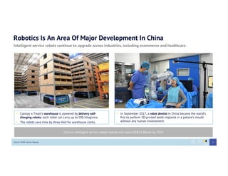 Robotics Is An Area Of Major Development In China
Intelligent service robots continue to upgrade across industries, including ecommerce and healthcare.
•  Cainiao x Tmall’s warehouse is powered by delivery self-
charging robots; each robot can carry up to 500 kilograms.
•  The robots save time by three-fold for warehouse clerks.
Source: SCMP, Alizila, Statista
•  In September 2017, a robot dentist in China became the world’s
ﬁrst to perform 3D-printed teeth implants in a patient’s mouth
without any human involvement.
27
China’s intelligent service robots market will reach US$2.4 Billion by 2019
 