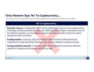 China However Says ‘No’ To Cryptocurrency…
The past year has seen signiﬁcant moves from the government to stamp out cryptocurrency trading.
Source: SCMP, ITjuzi
No To Cryptocurrency…
Domestic closure: In September 2017, China ordered the closure of all cryptocurrency
exchanges and pronounced all initial coin offerings (ICOs) illegal, marking the start of
the ofﬁcial crackdown on the digital currency that saw a number of bitcoin traders
relocate to other countries.
Funding halted: In January 2018, the People’s Bank of China ordered ﬁnancial
institutions to stop providing funding to any activity related to cryptocurrencies.
Foreign platforms banned: In February 2018, China blocked all overseas websites
related to cryptocurrency trading and ICOs as well.
33
 