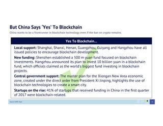 But China Says ‘Yes’ To Blockchain
China wants to be a frontrunner in blockchain technology even if the ban on crypto remains.
Source: SCMP, ITjuzi
Yes To Blockchain…
Local support: Shanghai, Shanxi, Henan, Guangzhou, Guiyang and Hangzhou have all
issued policies to encourage blockchain development.
New funding: Shenzhen established a 500 m yuan fund focused on blockchain
investments. Hangzhou announced its plan to invest 10 billion yuan in a blockchain
fund, which ofﬁcials claimed as the world’s biggest fund investing in blockchain
projects.
Central government support: The master plan for the Xiongan New Area economic
zone, created under the direct order from President Xi Jinping, highlights the use of
blockchain technologies to create a smart city.
Startups on the rise: 41% of startups that received funding in China in the ﬁrst quarter
of 2017 were blockchain-related.
35
 