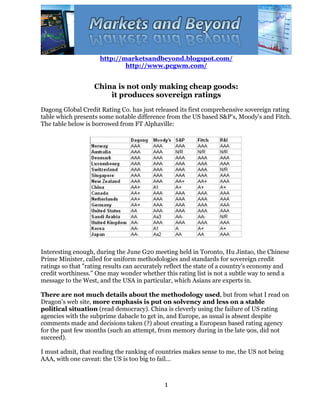 http://marketsandbeyond.blogspot.com/
                             http://www.pcgwm.com/


                   China is not only making cheap goods:
                       it produces sovereign ratings
Dagong Global Credit Rating Co. has just released its first comprehensive sovereign rating
table which presents some notable difference from the US based S&P's, Moody's and Fitch.
The table below is borrowed from FT Alphaville:




Interesting enough, during the June G20 meeting held in Toronto, Hu Jintao, the Chinese
Prime Minister, called for uniform methodologies and standards for sovereign credit
ratings so that "rating results can accurately reflect the state of a country's economy and
credit worthiness." One may wonder whether this rating list is not a subtle way to send a
message to the West, and the USA in particular, which Asians are experts in.

There are not much details about the methodology used, but from what I read on
Dragon's web site, more emphasis is put on solvency and less on a stable
political situation (read democracy). China is cleverly using the failure of US rating
agencies with the subprime dabacle to get in, and Europe, as usual is absent despite
comments made and decisions taken (?) about creating a European based rating agency
for the past few months (such an attempt, from memory during in the late 90s, did not
succeed).

I must admit, that reading the ranking of countries makes sense to me, the US not being
AAA, with one caveat: the US is too big to fail...



                                             1
 