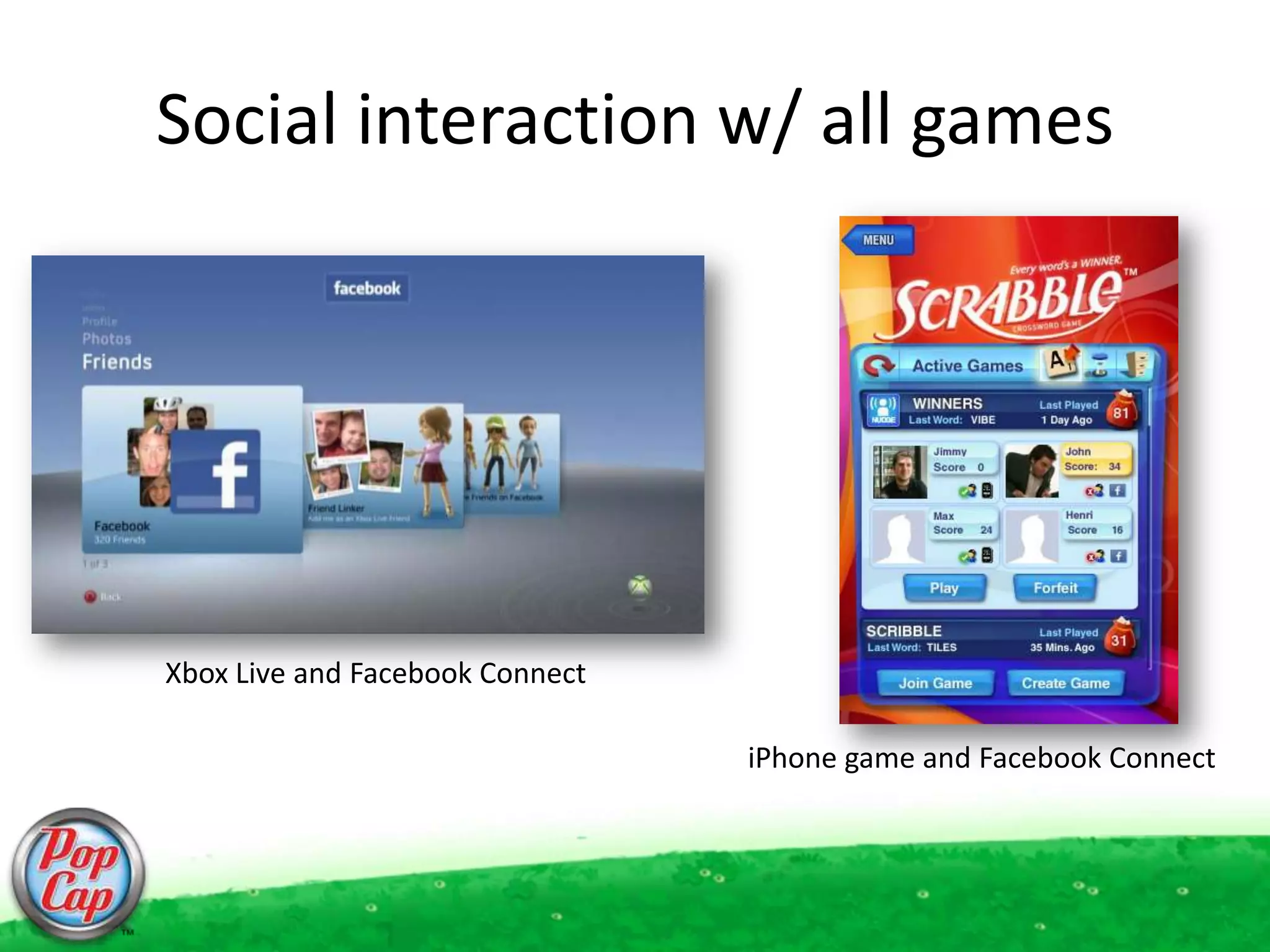 Social interaction w/ all gamesXbox Live and Facebook ConnectiPhone game and Facebook Connect