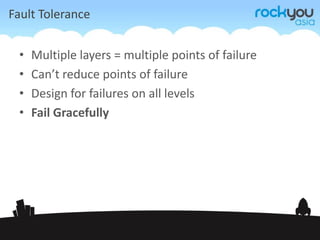 Silo DesignGame SiloGame SiloGame SiloGame SiloLoad BalancerLoad BalancerLoad BalancerLoad BalancerFirewallFirewallFirewallFirewallApplication ServerApplication ServerApplication ServerApplication ServerApplication ServerApplication ServerApplication ServerApplication ServerApplication ServerApplication ServerApplication ServerApplication ServerDB’sDB’sDB’sDB’sDB’sDB’sDB’sDB’sDB’sDB’sDB’sDB’sDistributed StorageShared DatabasesUsersLoggingAnaylticsCloudCDNLocal
