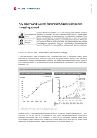 PERSPECTIVE
Key drivers and success factors for Chinese companies
investing abroad
                                                     China’s Outbound Direct Investment (ODI) has been increasing sharply and is likely to continue
                Enrico Lanzavecchia this trend in the coming year. The ODI structure is concentrated in Asia and is currently oriented
                Director            towards natural resources, although there may be some diversification in the future. From a
                                                     long-term perspective, Chinese companies should consider three key factors when investing in
                                                     foreign markets: exploit market opportunity; accelerate technical and business skill evolution
                Claire Zhong
                                                     and improve the overall risk or opportunity profile. Although expanding into new markets is
                Manager
                                                     a complex process, there are many lessons that Chinese companies could learn from other
                                                      countries. This could help them to successfully manage the process by addressing critical issues



China’s Outbound Direct Investment (ODI) increases sharply
A consistent growth of current account surplus has accumulated huge assets for both foreign currency reserve
and outbound investment. Under the macro scenario, that China growth model is changing – and the Chinese
government has strongly supported Chinese companies who want to invest internationally through a series of
policy incentives. China’s ODI has been increasing sharply, with a narrowing gap between ODI and Foreign Direct
Investment (FDI).


Chinese Outbound Direct Investment increases sharply

    China current account surplus evolution                                                               China ODI, FDI and outbound M&A evolution
                                                                                                                                                                       ODI
                                                                            CAGR ‘03-’08
   US$ billion                                                                                            US$ billion                                                  FDI
                                                                                                                                                                       Outbound M&A
                                                                                                                 100                                                   CAGR ‘03-’08
       450                                                                            56%                                                                         92
                                                                              426                                                                                       • Sharp
       400                                                     372                                                                                       75               decrease
                                                                                                                     80                                                   due to
                                                                                                                                                                          financial
       350                                                                                                                                         66                     crisis
                                                                                                                                 61      60
       300                                        253                                                                60   54
                                                                                                                                                                  52             12%
       250
                                                                                                                                                                          43
       200                             161                                                                           40
                                                                                                                                                        27
       150                                                                                                                                                       26
                                                                                                                                               21
                           69                                                                                        20                                                          78%
       100                                                                                                                             12                                12*
              46                                                                                                                 6             8         6
        50                                                                                                                3             7
                                                                                                                                 3**                                     3*     121%
                                                                                                                     0
          0                                                                                                          2003      2004    2005   2006      2007    2008 1H2009
          2003         2004        2005         2006        2007         2008
                                                                                                        % of
                                                                                                        outbound 17%            45%     53%    39%        24%     50%     22%
                                                                                                        M&A vs.
                                                                                                        ODI

  * 1H2009 ODI data not include outbound investment for financial sectors; M&A data is from Merger Market database
  ** 2004 Outbound M&A data is calculated based on growth trends between 2003 and 2005
  Source: Ministry of Commerce, Sate Administration of Foreign Exchange; Statistic Bureau, Value Partners analysis




However, China’s ODI still represents a much smaller fraction of its GDP than in other countries. By 2007, China’s
cumulative ODI was only 3% of its GDP, while for the same period, the UK’s ODI was 61.5%, France’s 54.7%,
Germany’s 37.3% and the USA’s, 20.2%. Such a low ODI reflects the fact that Chinese companies still rely heavily
on the domestic market, as well as on the natural resources sector. Going forward, along with GDP growth and the
globalization of Chinese companies, there is huge potential for an increase in Chinese ODI.




                                                                                                                                                                                       1
 