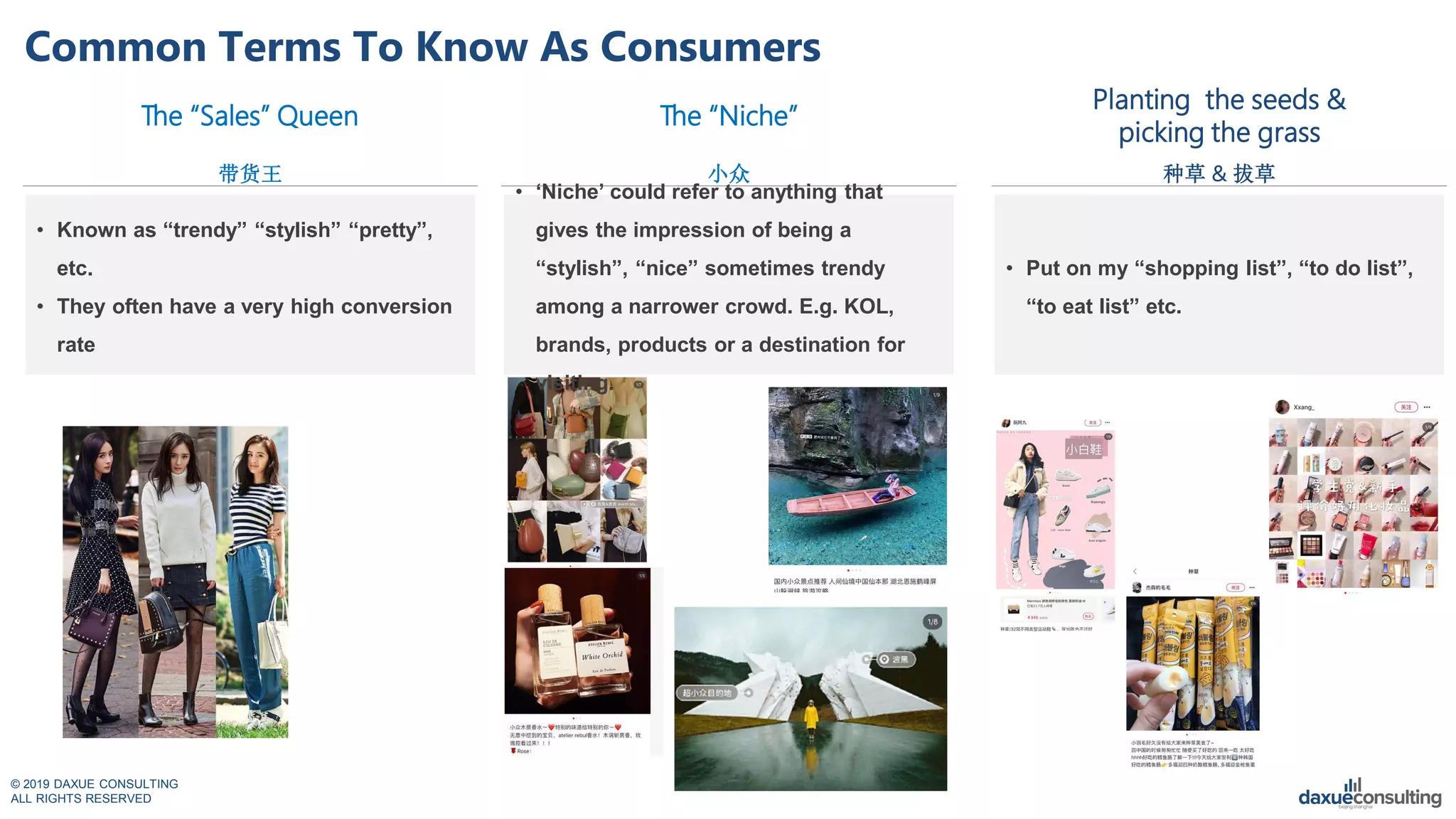 © 2019 DAXUE CONSULTING
ALL RIGHTS RESERVED
Common Terms To Know As Consumers
带货王
The “Sales” Queen
种草 & 拔草
Planting the seeds &
picking the grass
小众
The “Niche”
• Known as “trendy” “stylish” “pretty”,
etc.
• They often have a very high conversion
rate
• „Niche‟ could refer to anything that
gives the impression of being a
“stylish”, “nice” sometimes trendy
among a narrower crowd. E.g. KOL,
brands, products or a destination for
visiting.
• Put on my “shopping list”, “to do list”,
“to eat list” etc.
 