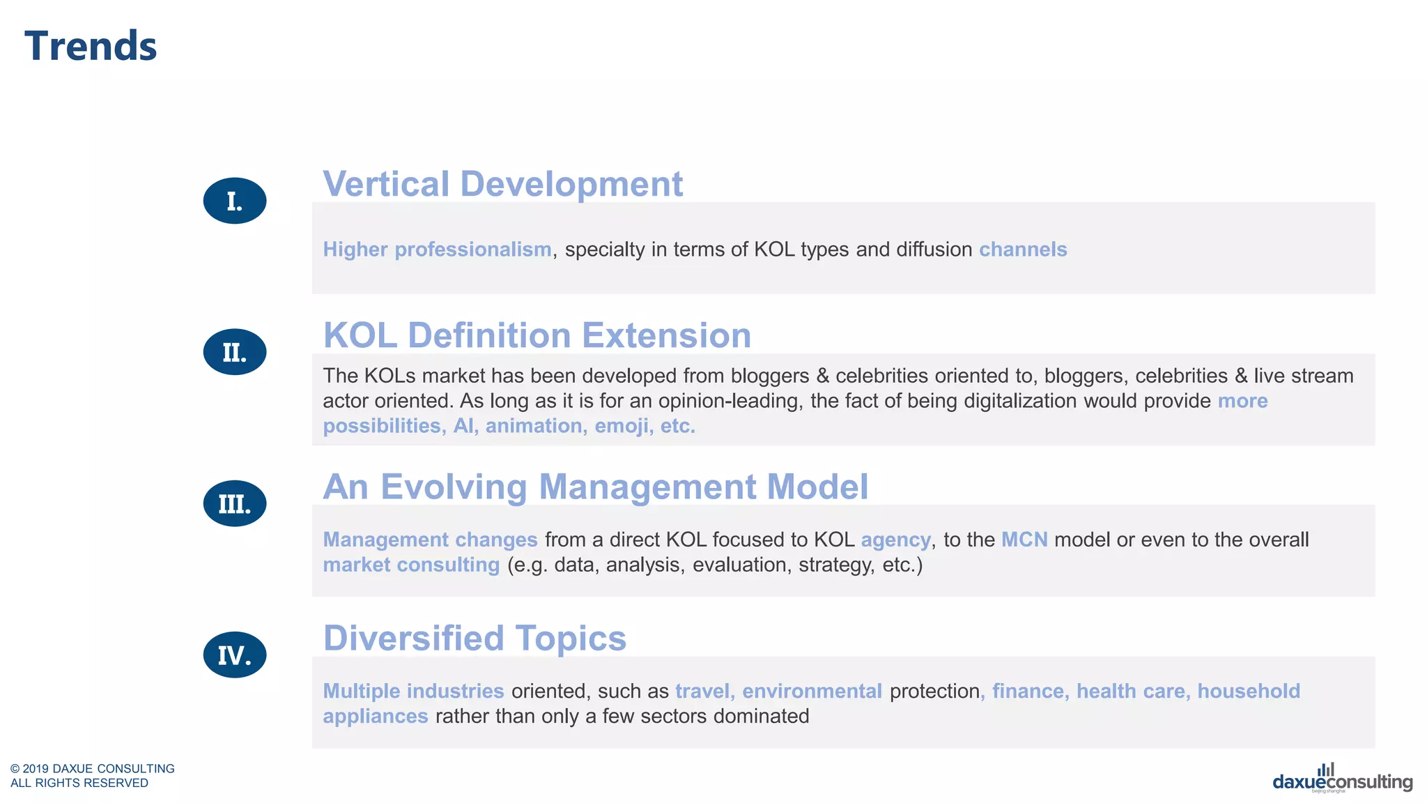 © 2019 DAXUE CONSULTING
ALL RIGHTS RESERVED
Trends
Higher professionalism, specialty in terms of KOL types and diffusion channels
The KOLs market has been developed from bloggers & celebrities oriented to, bloggers, celebrities & live stream
actor oriented. As long as it is for an opinion-leading, the fact of being digitalization would provide more
possibilities, AI, animation, emoji, etc.
Management changes from a direct KOL focused to KOL agency, to the MCN model or even to the overall
market consulting (e.g. data, analysis, evaluation, strategy, etc.)
Multiple industries oriented, such as travel, environmental protection, finance, health care, household
appliances rather than only a few sectors dominated
I.
II.
III.
IV.
Vertical Development
KOL Definition Extension
An Evolving Management Model
Diversified Topics
 
