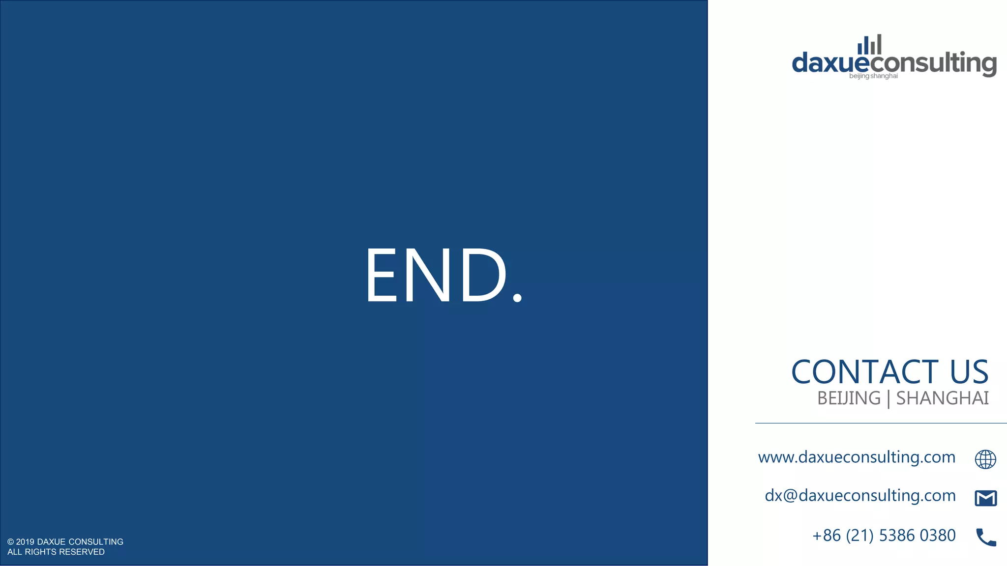 © 2019 DAXUE CONSULTING
ALL RIGHTS RESERVED
© 2019 DAXUE CONSULTING
ALL RIGHTS RESERVED
CONTACT US
dx@daxueconsulting.com
www.daxueconsulting.com
+86 (21) 5386 0380
BEIJING | SHANGHAI
END.
 